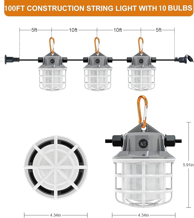 NS 100ft LED Construction String Lights, 150W 15000lm LED String Work Lights, Temporary Work Lights Linkable Industrial String Work Lights with Hook for Jiobsite, Outdoor Lighting (10)