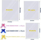 90 Packs Large Clear Cellophane Bags 14x20 18x24 24x30 Inches Jumbo Gift Basket Wraps Extra-large Transparent Plastic Bags for Fruit Basket, Gift Wrap, Treats, Arts and Crafts, 90 pcs Pull Ribbon Bow Ties