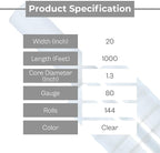 PSBM 144 Rolls 20 Inch x 1000 Feet 80 Gauge Stretch Film/Wrap with Handles, Heavy Duty Industrial Strength Clear Shrink Plastic Wrap for Moving, Packing, Shipping, Pallet Wrapping & Storage