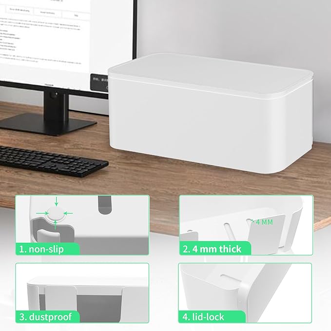Cord Organizer Box, Cable Hider for Power Strips, Surge Protector, Extension Cord and Wire Management, Cable Management Box (2PCS/Large and Medium Size/White)