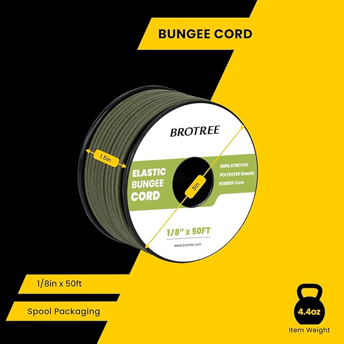 Bungee Cord Elastic Shock Cord 1/8" x 50' Bungee Rope for DIY, Tie Downs, Kayak and Outdoor - Army Green