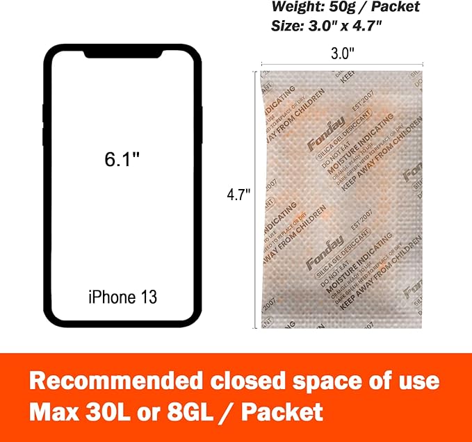 50g x 40 Packs Fonday Rechargeable Silica Gel Desiccant Packets Food Grade Fast Reactivate Desiccant Bags Moisture Indicating Orange to Green for Food Storage, Electronics, 3D Filament & Safes