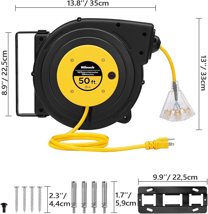 Retractable Extension Cord Reel, 50 FT Heavy Duty Power Cord, 14AWG/3C SJTOW, 3 Grounded Outlets Lighted Triple Tap, 13 Amp Circuit Breaker, UL Listed, Yellow Y50CR06