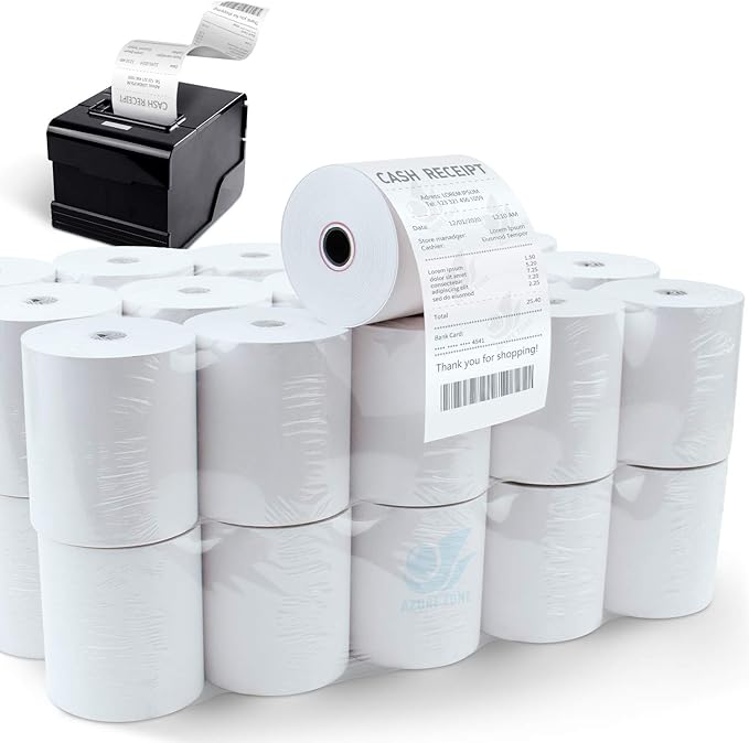 (30 Rolls) 3-1/8 X 230 ft Thermal Credit Card Paper, 80mm Receipt Printer Square POS Register - Azure Zone