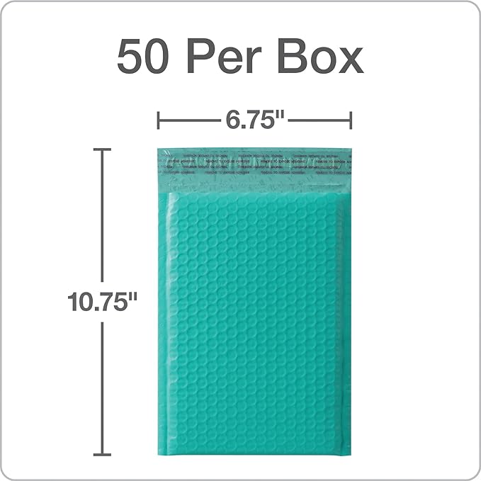 Quality Park Bubble Mailers, 6 x 9 Inch, Teal Poly Mailers, Padded Envelopes, Shipping Envelopes, Water Resistant, Self Seal, 50 Per Box (QUA85857)