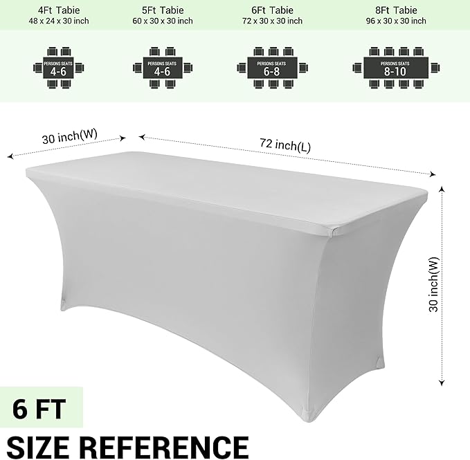 Obstal 6 Pack Stretch Spandex Table Covers for 6 Foot Tables - 6 FT Universal Rectangular Fitted Tablecloth Protector for Wedding, Banquet, Party, 72 Length x 30 Width x 30 Height Inches, Silver