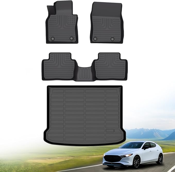 Hutisya-Floor Mats & Cargo Liner Set Fit for Mazda3 FWD 2019-2025 (Hatchback Only) All Weather Protection Anti-Slip & Durable TPE Full Set Liners Automotive Accessories-Black