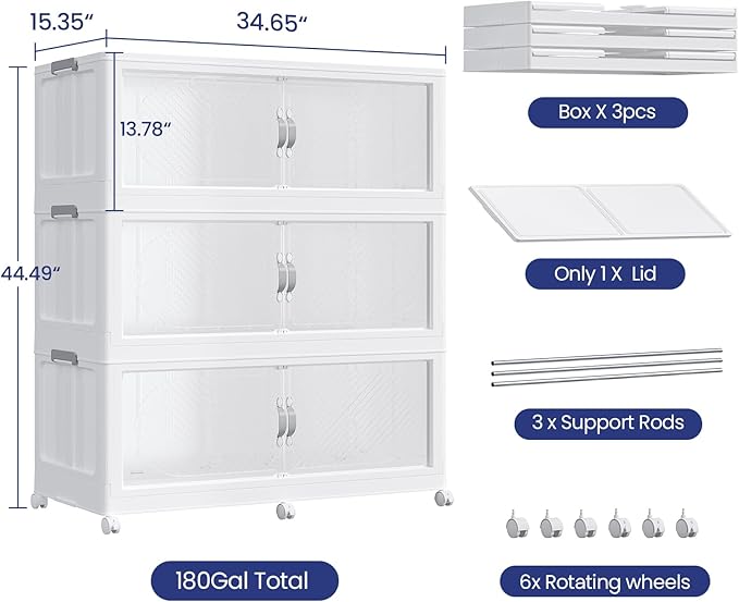 180GAL Plastic Storage Bins with Lid, 720QT Extra Large Stackable Closet Organizers and Storage, Collapsible Storage Boxes with Wheels, Folding Cabinet for Home Kitchen Office, 3Pack White