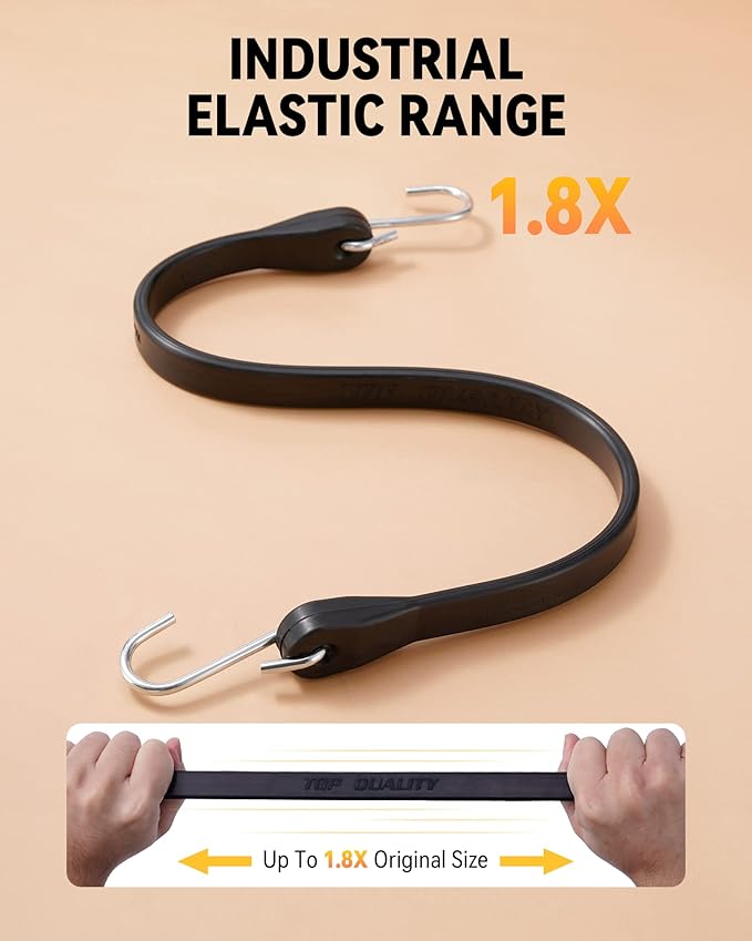 15'' Rubber Bungee Cords Heavy Duty Outdoor with 27" Max Stretch & Over 176 lbs Load, 100% EPDM Black Bungee Straps with Crimped S Hooks for Cargo, Tarps, Truck, Motorcycle, Weatherproof (50 Pack)