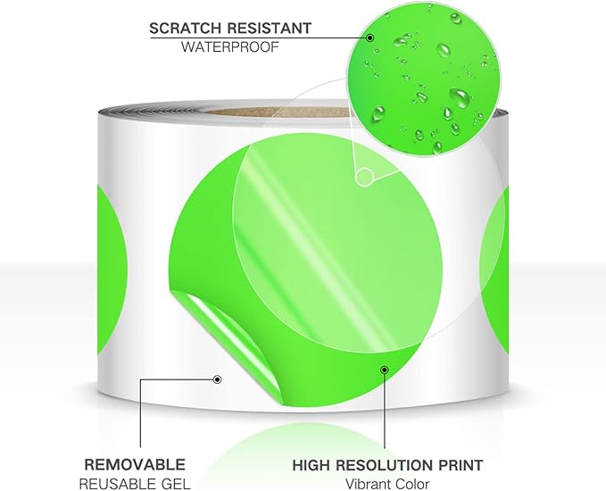 500 PCS Dot Sticker Tape 2" Inch Round Color Coding Labels Removable Writable Circle Floor Decal for Marking Organizing Social Distancing Fluorescent Green