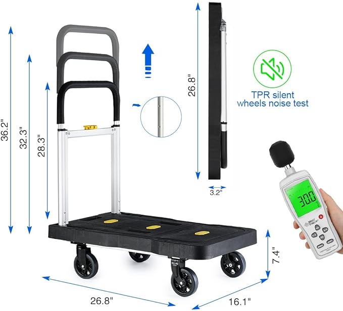 Upgrade Heavy Duty Folding Dolly Cart with Wheels, 330Lb Portable Push Cart, Adjustable Handle for Luggage, Moving, Travel, Shopping & Office Use