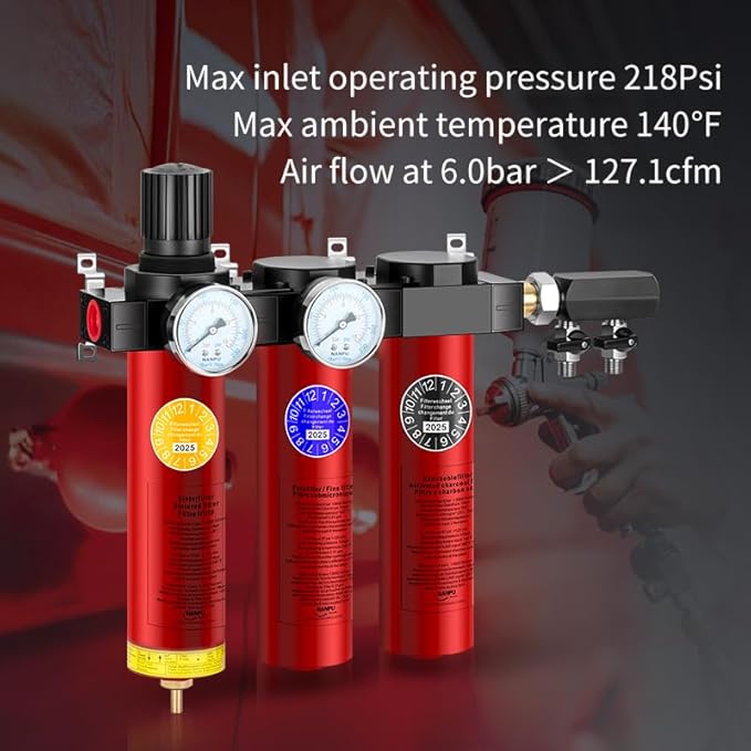 NANPU Z Series 3-Stage Air Filtration System - Sintered, Fine, & Charcoal Filters, 1/2" NPT Inlet, 1/4" NPT Outlet Module, 0-230 psi Gauge, 127 CFM @ 6 bar, Metal Housing, Auto Drain