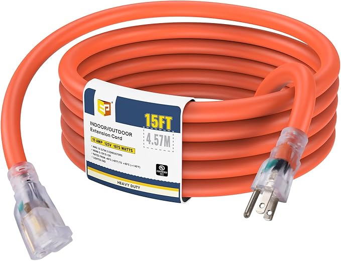 EP 15 Ft Lighted Outdoor Extension Cord - 10/3 SJTW Heavy Duty Orange Extension Cable with 3 Prong Grounded Plug for Safety, UL Listed