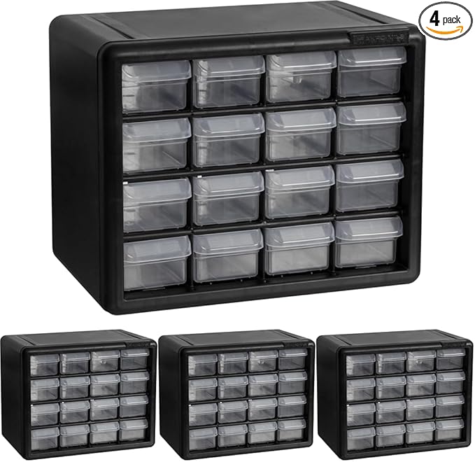 Akro-Mils 16-Drawer Plastic Cabinet for Garage Organization, Beads, Makeup Organizer, Building Bricks Storage, Teacher Toolbox, 10-1/2" W x 6-1/2" D x 8-1/2" H, 10716 Black (Pack of 4)