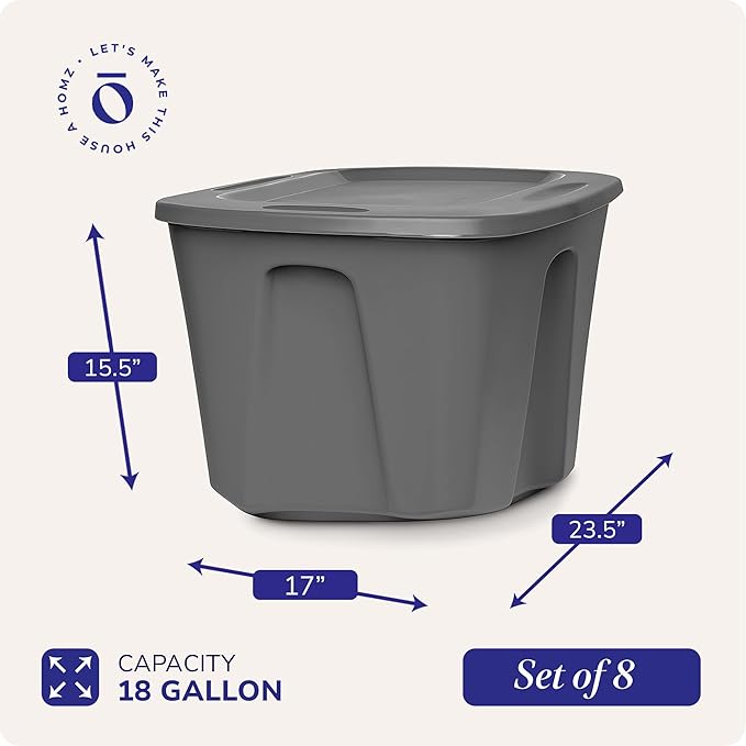HOMZ 8-Pack Durable Molded Bin, Plastic Storage Containers w/Lids, 18 Gallon, Gray - Stackable Organizer Totes and Boxes for Bedroom, Kitchen, and Garage Organization