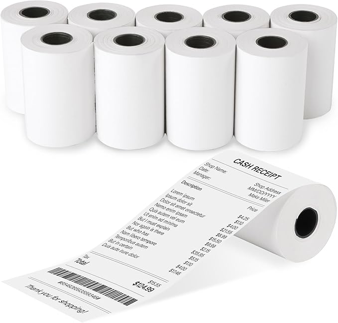 (10 Rolls) 2 1/4 x 50 Thermal Receipt Paper Rolls, POS Cash Register Paper Rolls, BPA Free 2.25x50ft Long Per Thermal Paper Receipt