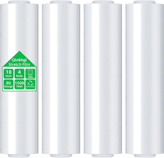 18in Clear Stretch Wrap Roll, Heavy Duty 1500ft Shrink Wrap Roll, 80 Gauge Industrial Strength Stretch Film, Stretch Wrap for Moving, Plastic Wrap for Moving Pallet Wrapping Shipping(4 Rolls)