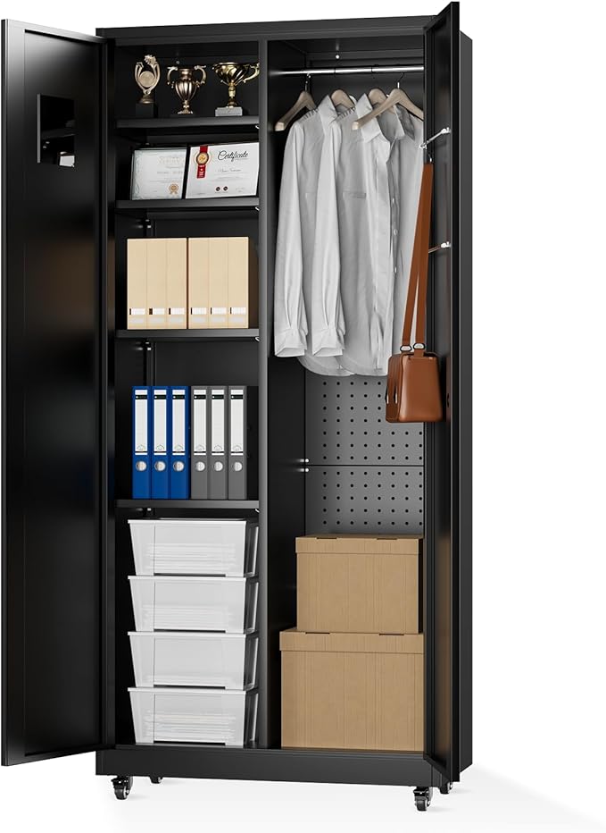 Synorla Metal Storage Cabinet with Lock, 72" Clothing Coat Steel Wardrobe Cabinet with Wheel, Tall File Tool Cabinet Employees Locker Closet with Hanging Rod for Home Office, Garage, Gym