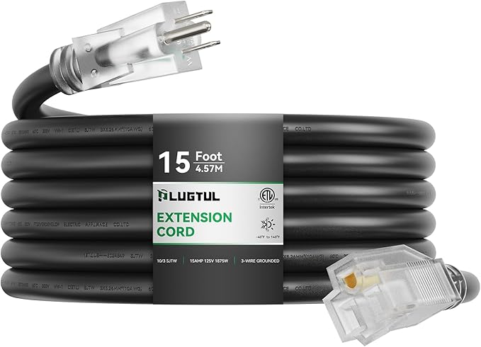 PLUGTUL 10 Gauge Extension Cord 15FT, Black Outdoor Extension Cord with Lighted End, Heavy Duty, 15A 1875W SJTW, ETL Listed