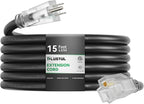PLUGTUL 10 Gauge Extension Cord 15FT, Black Outdoor Extension Cord with Lighted End, Heavy Duty, 15A 1875W SJTW, ETL Listed