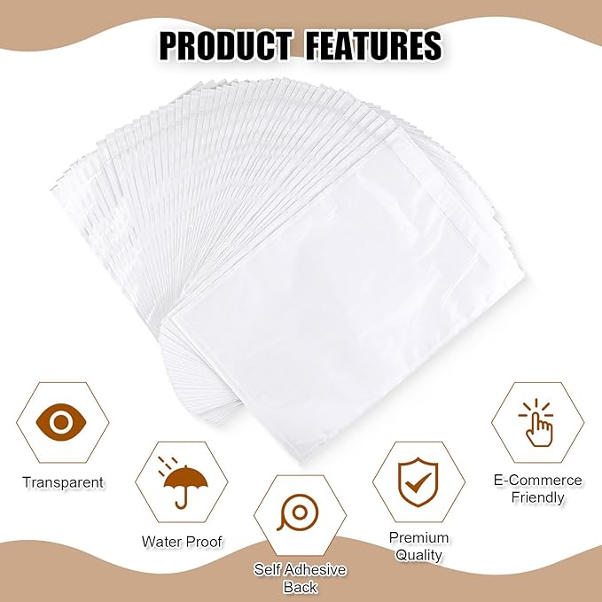 Cholemy 200 Pcs 9.5 x 12 in Clear Packing List Envelopes Shipping Pouches Mailing Shipping Label Sleeves Clear Adhesive Pockets Protectors Slip Envelope Pouches Holders Cover Enclosed Bag for Packing