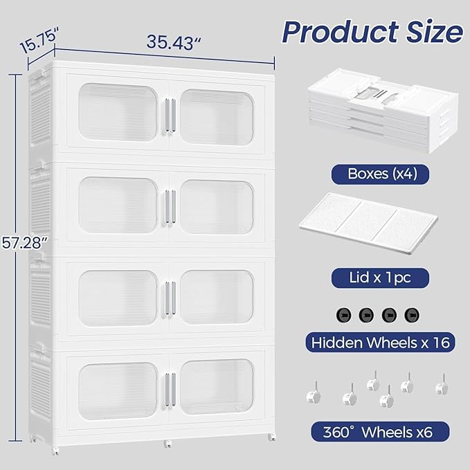 200Gal Exra Large Stackable Storage Bins with Lid, 800QT Collapsible Storage Box with 6x Wheels, Folding Plastic Cabinet Container with Door Drawer for Home Kitchen Office Dorm, 4Pack White