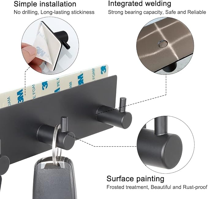 Key Holder for Wall with 2 Self-Adhesive Tapes, No Damage Key Holder Rack for Wall with 3 Key Hooks for Entryway, Door, Bathroom, Kitchen(Black)