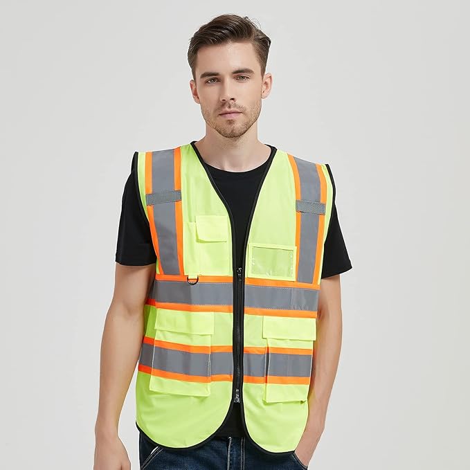 Safety Vest Reflective High Visibility with 5 Pockets ＆Zipper Class 2 Adult Unisex Construction Security Workwear