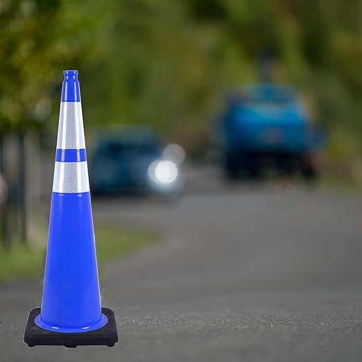 4 Pack 36 Inch Blue Traffic Cones Black Base, Tall Durable Safety Cones for Driveway Control, Event Organization, Construction Zones (4, Blue, 36 Inch)