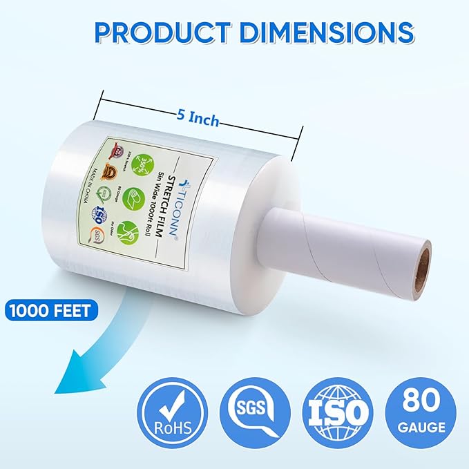 TICONN Stretch Wrap Stretch Film Roll, 1000ft Industrial Strength 5 inch Wide Clear Plastic Wrap with Handles for Pallet Wrapping Shipping Moving