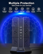Surge Protector Power Strip Tower, 10FT Ultra Flat Extension Cord with 12 AC Outlets 5 USB Ports(2 Type C), Desktop Charging Station, Flat Plug Outlet Extender for Home Office Dorm
