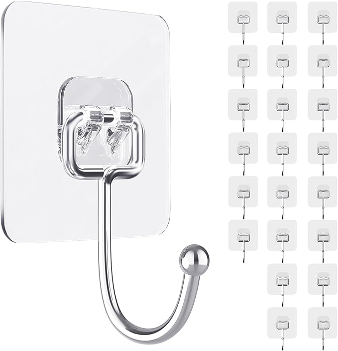 ZESLMG Large Adhesive Hooks for Hanging Wall, 22 Pack Self Sticky Hooks Heavy Duty 22lb Clear, Removable Shower Hook No Damage for Towel Key Coat Wreath Picture Outdoor Bathroom Kitchen, Waterproof