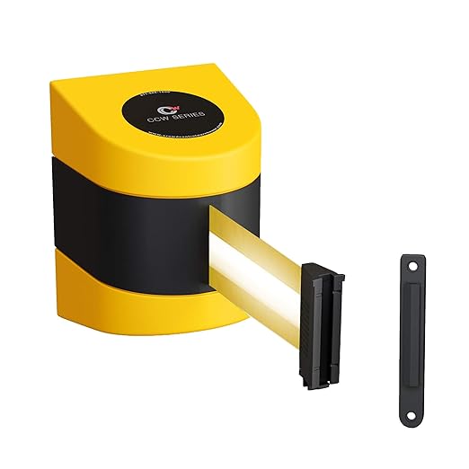 Crowd Control Warehouse - CCW Series WMB-220 Fixed Wall Mount Retractable Belt Barrier - 15 Foot, Yellow Horizontal Reflective Stripe Belt with Yellow ABS Case