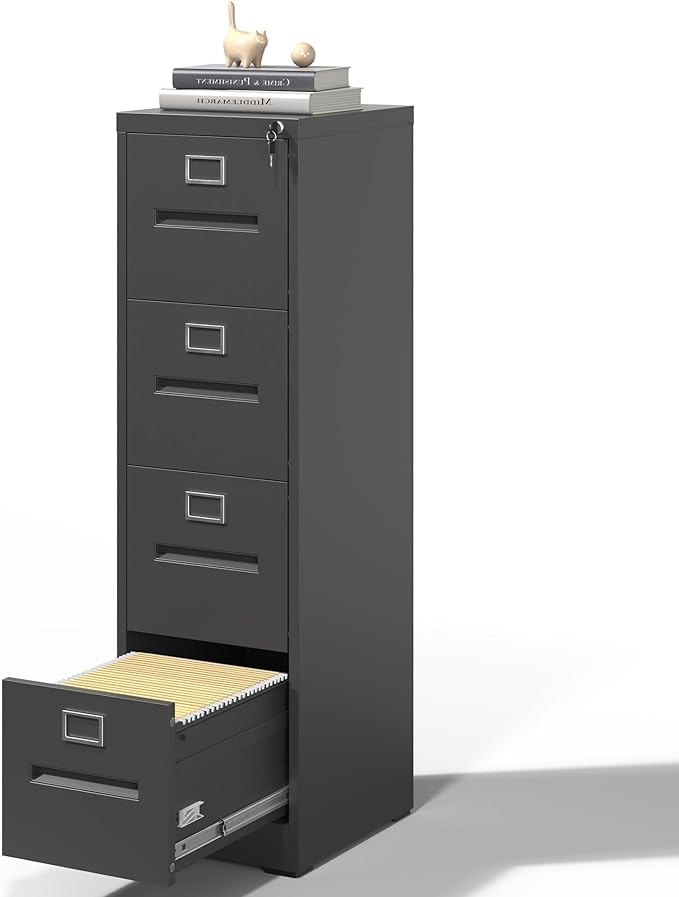4 Drawer File Cabinet,Black Vertical File Cabinet with Lock for A4/Letter/Legal Size Files,Steel Filing Cabinets for Home Office,Assembly Required