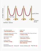 VEVOR Stanchions and Velvet Ropes 4Pcs, Hollow Base with Stainless Steel Post, 3 Red Velvet Ropes and Posts, Crowd Control Barriers Gold Stanchions, Red Carpet Runner Poles for Party Supplies