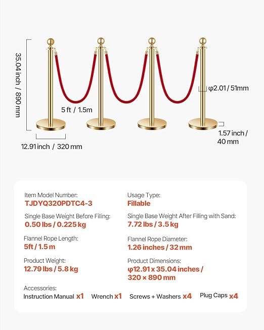 VEVOR Stanchions and Velvet Ropes 4Pcs, Hollow Base with Stainless Steel Post, 3 Red Velvet Ropes and Posts, Crowd Control Barriers Gold Stanchions, Red Carpet Runner Poles for Party Supplies