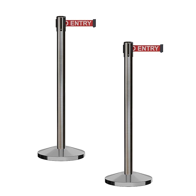 CCW Series RBB-100 - Set of 2 Stanchion Retractable Belt Barriers (9 Foot Belt, Red with"NO Entry" White Letters Belt with Satin Stainless Steel Post)