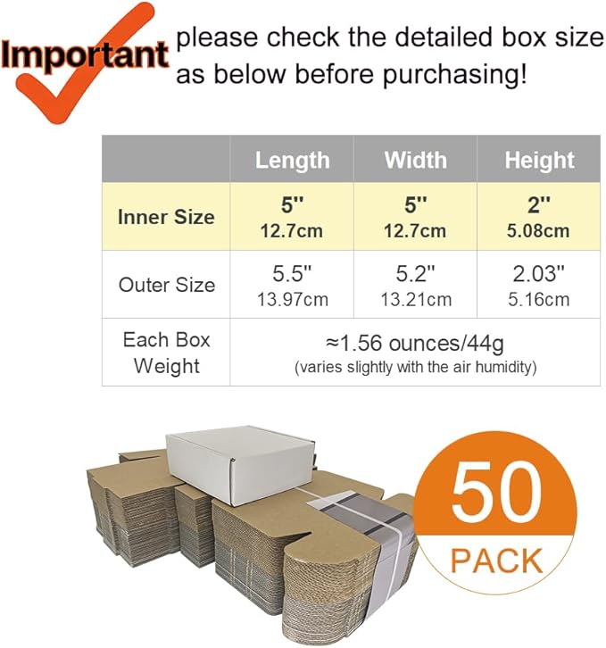 50 Pack 5x5x2'' Small Shipping Boxes, Corrugated Cardboard Mailers for Business, White (CM552)