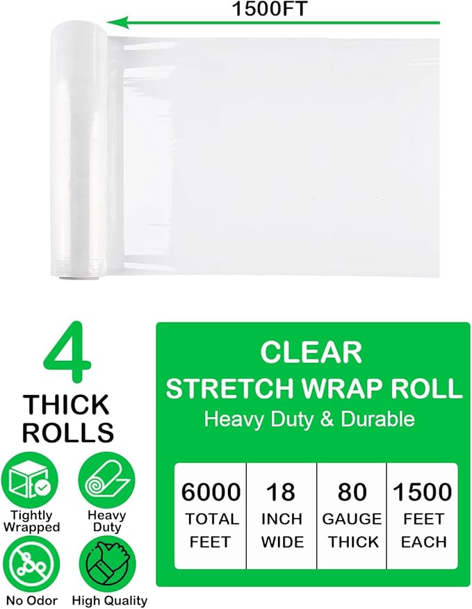 18in Clear Stretch Wrap Roll, Heavy Duty 1500ft Shrink Wrap Roll, 80 Gauge Industrial Strength Stretch Film, Stretch Wrap for Moving, Plastic Wrap for Moving Pallet Wrapping Shipping(4 Rolls)