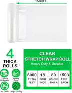 18in Clear Stretch Wrap Roll, Heavy Duty 1500ft Shrink Wrap Roll, 80 Gauge Industrial Strength Stretch Film, Stretch Wrap for Moving, Plastic Wrap for Moving Pallet Wrapping Shipping(4 Rolls)
