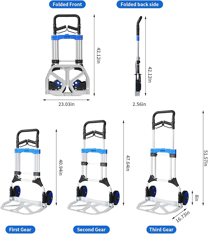 Folding Hand Trucks Heavy Duty by Leeyoung,500 lb Aluminium Folding Hand Cart Dolly with 8 inch Wheels (incl 2 Bungee Cords)