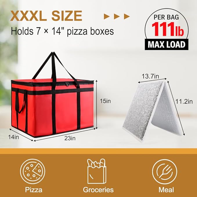 XXXL Insulated Food Delivery Bag - Reusable Thermal Cooler Grocery Bags for Catering&Delivery, Pizza Carrier for Events, Large Capacity Bag Keeps Food Hot/Cold for Shopping, Commercial (Red with Base)