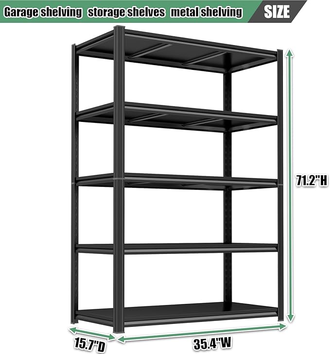 72" H Garage Shelving 5 Tier Storage Shelves 3000LBS Metal Shelving Unit Heavy Duty Adjustable Steel Shelf for Kitchen Warehouse Pantry Basement,72" H x 40" W x 15.8" D, Black