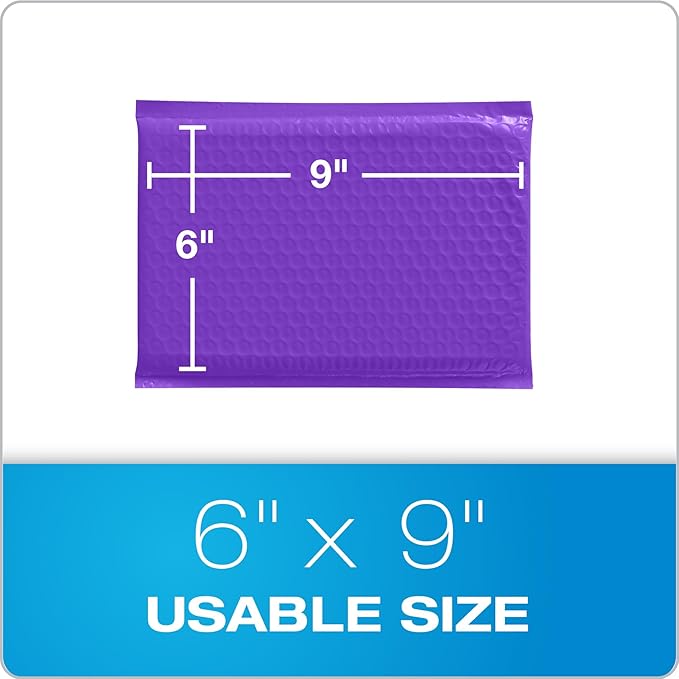 Quality Park Bubble Mailers, 6 x 9, Purple Poly Mailers, Padded Envelopes, Shipping Bags, Water Resistant, Self Seal, 50 Per Box (QUA85904)