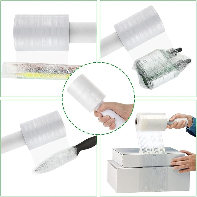 6 Pack Stretch Wrap Film with Handle, 80 Gauge Thick Industrial Strength Hand Stretch Wrap, 4" x 1000 Ft Plastic Pallet Shrink Film Heavy Duty Self-Adhering Plastic Wrap for Packing, Moving