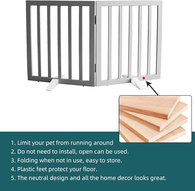 ZJSF Freestanding Indoor Dog Gate for House Foldable Wood Puppy Gate for Doorways Pet Gate for Stairs Extra Wide Pet Fence, Grey, 32" Height 2 Panels