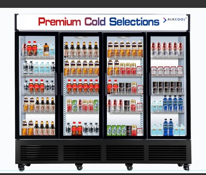 Commercial Beverage Refrigerator Display Fridge,85 Cu Ft Four Glass Door Upright Merchandiser Drink Cooler with LED Light Adjustable Shelves,ETL Approval,80" Wide,Wheels Included