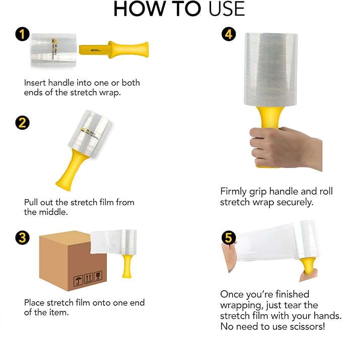 Mini Stretch Wrap 5 Inch Plastic Stretch Film for Pallet Wrap - Stretch Wrap for Moving Supplies - 5 Inch x 1000 Feet, 70 Gauge, 2 Pack with Handles