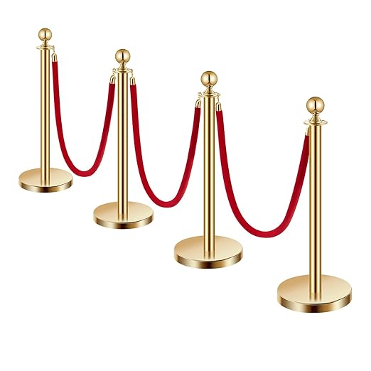 VEVOR Stanchions and Velvet Ropes 4Pcs, Hollow Base with Stainless Steel Post, 3 Red Velvet Ropes and Posts, Crowd Control Barriers Gold Stanchions, Red Carpet Runner Poles for Party Supplies