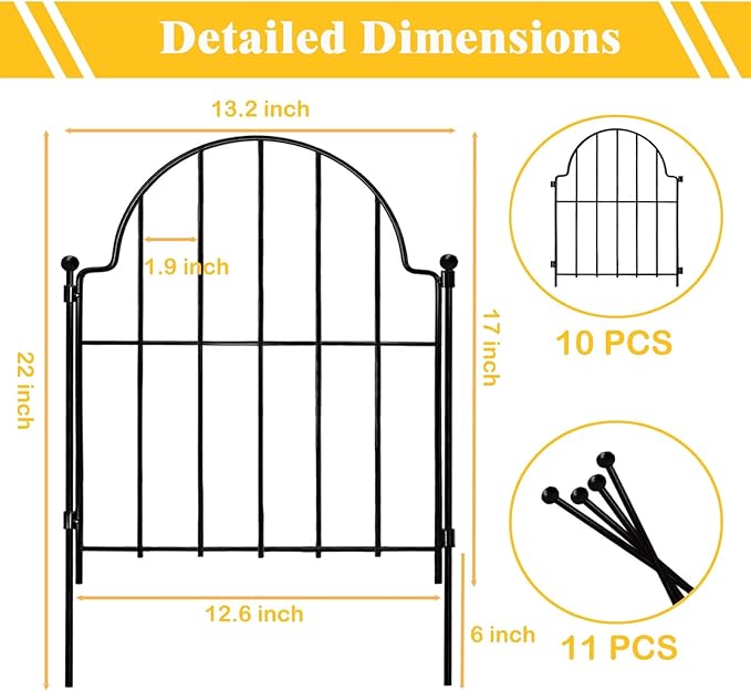 Garden Fence, 22 in(H) x 10.83 ft(L) Arched Rustproof Metal No Dig Fence Garden Fence Border, Ground Stake Animal Barrier Fence for Rabbit Dog, Outdoor Decor for Yard & Patio